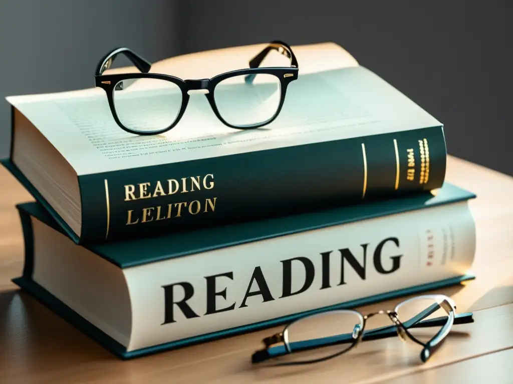 Montón de libros clásicos con elegantes lentes de lectura, bañados en luz suave