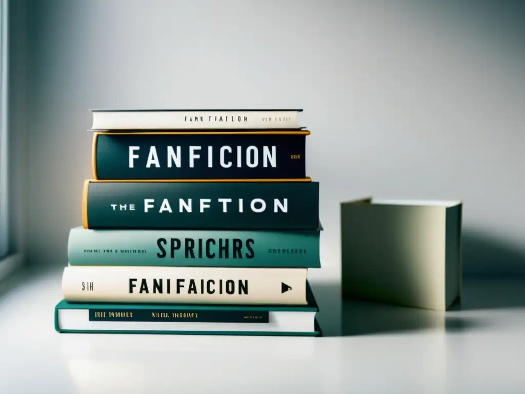 Un montón de libros con 'fanfiction' en los lomos, sobre un escritorio blanco iluminado suavemente