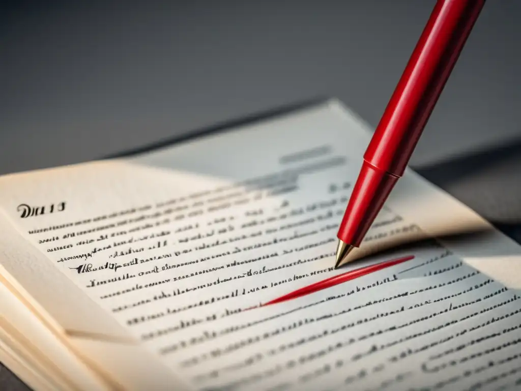 Un montón de páginas de manuscrito con una pluma roja descansando sobre ellas, mostrando técnicas de edición de manuscritos