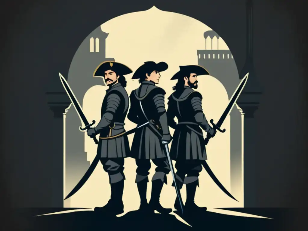 Tres mosqueteros en ilustración clásica, evocando el idealismo romántico en 17th century Francia