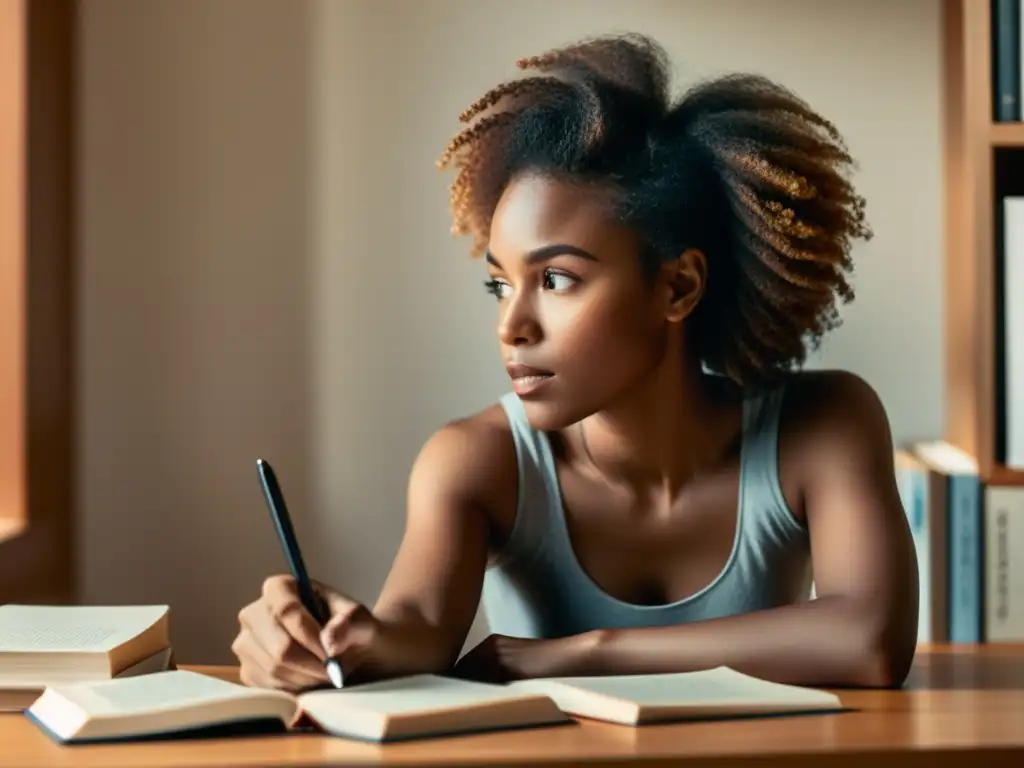 Una mujer afrodescendiente reflexiva rodeada de libros, iluminada por luz natural