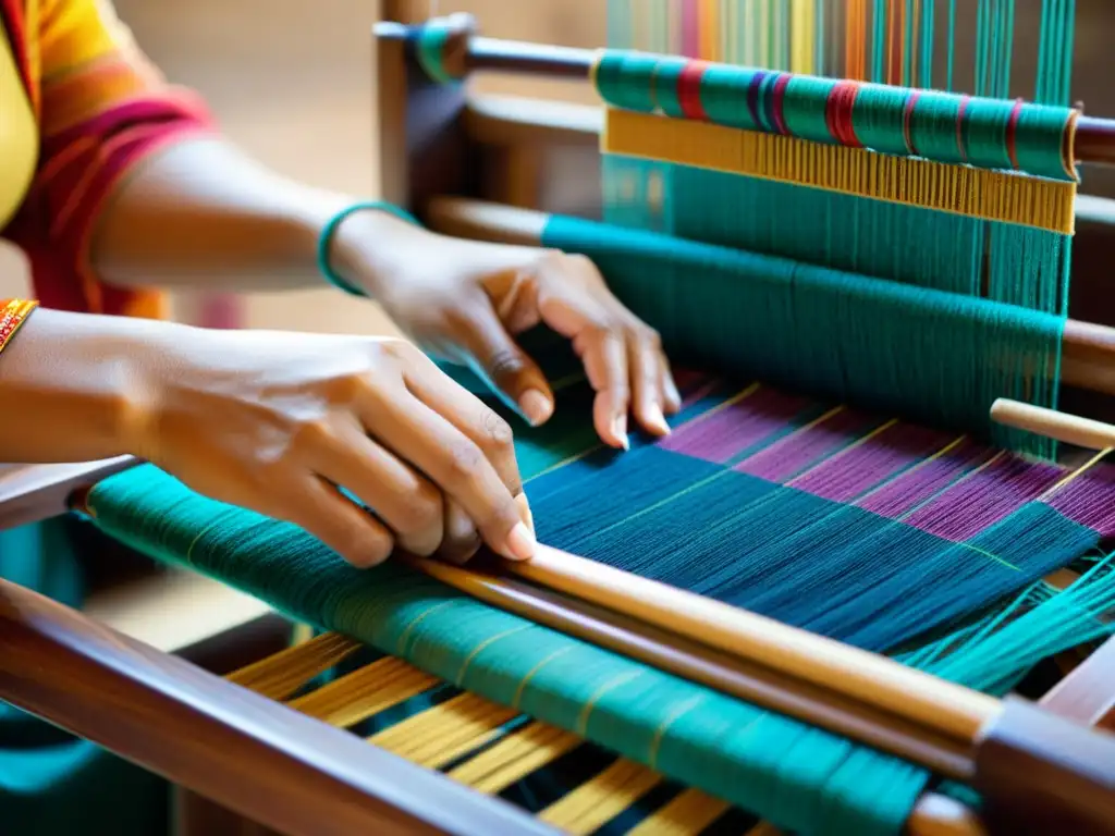 Una mujer teje con destreza hilos vibrantes en un telar tradicional, creando patrones e texturas complejas