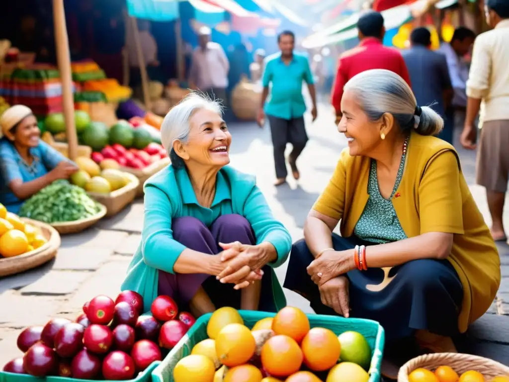 Una mujer mayor conversando animadamente con un niño en un bullicioso mercado, mostrando la adaptación del lenguaje en minorías