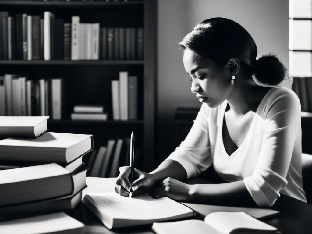 Mujer poetisa concentrada escribiendo entre libros, reflejando la determinación de las mujeres poetas en la literatura del siglo XXI