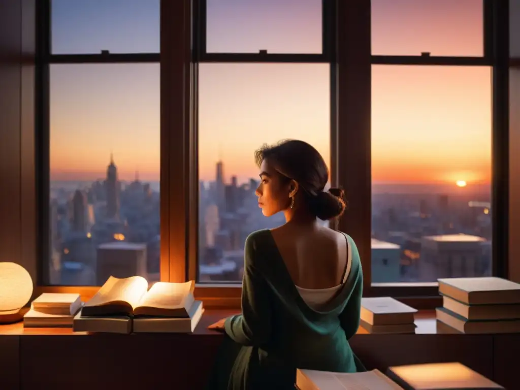 Una mujer reflexiva contempla la ciudad desde una habitación llena de libros, sosteniendo un bolígrafo