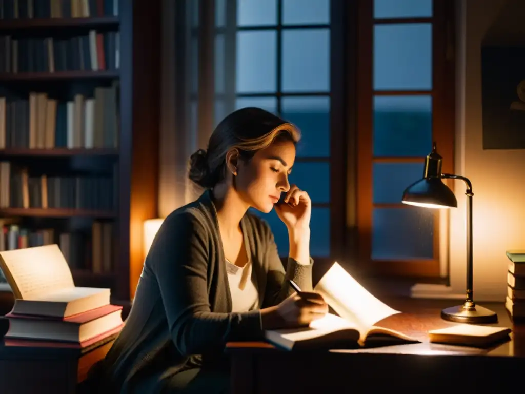 Una mujer reflexiva en una habitación iluminada por una lámpara, rodeada de libros y materiales de escritura, contemplando la lluvia