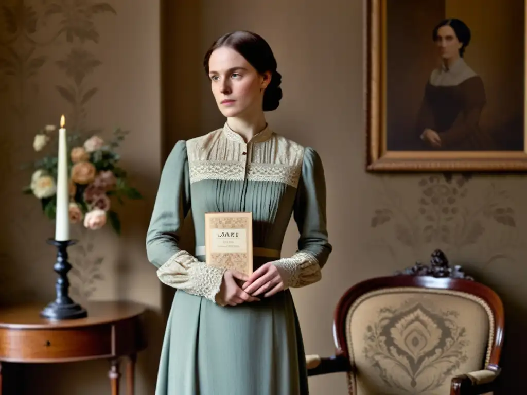 Una mujer victoriana segura, sosteniendo 'Jane Eyre' en un entorno vintage, evocando feminismo en 'Jane Eyre'