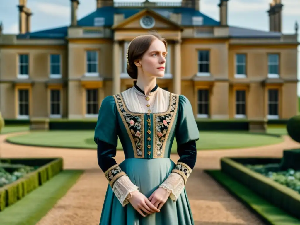 Una mujer victoriana con vestido elegante frente a una mansión, reflejando el feminismo en Jane Eyre