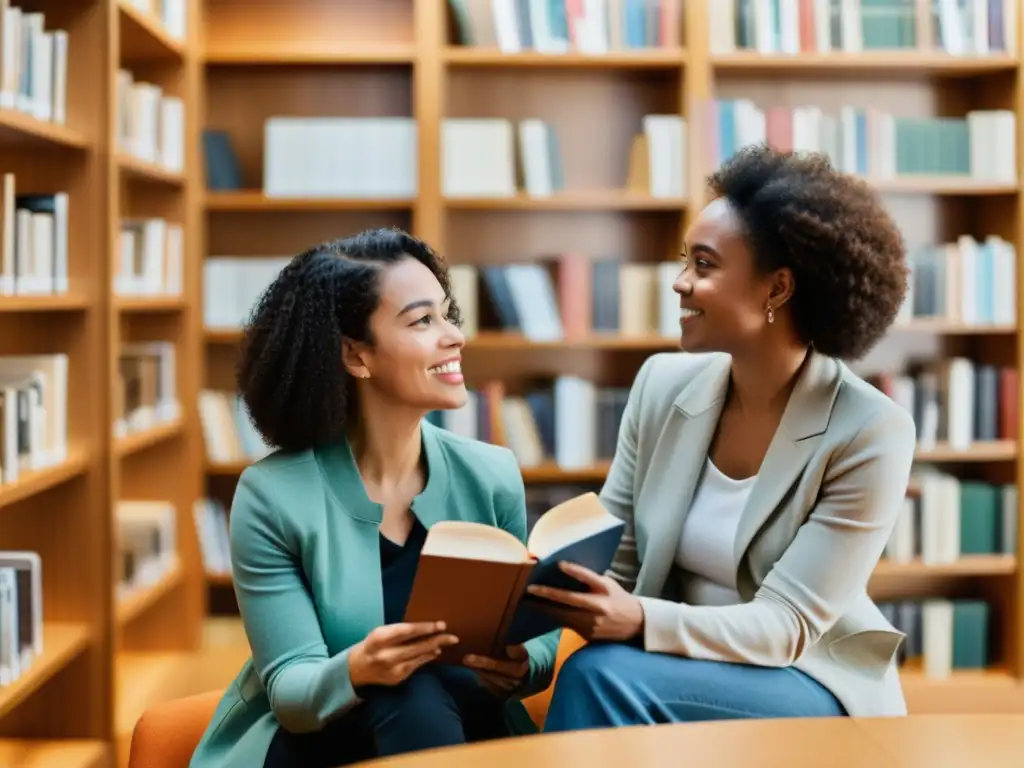 Dos mujeres diversas conversan apasionadamente en una acogedora biblioteca, con estanterías repletas de libros