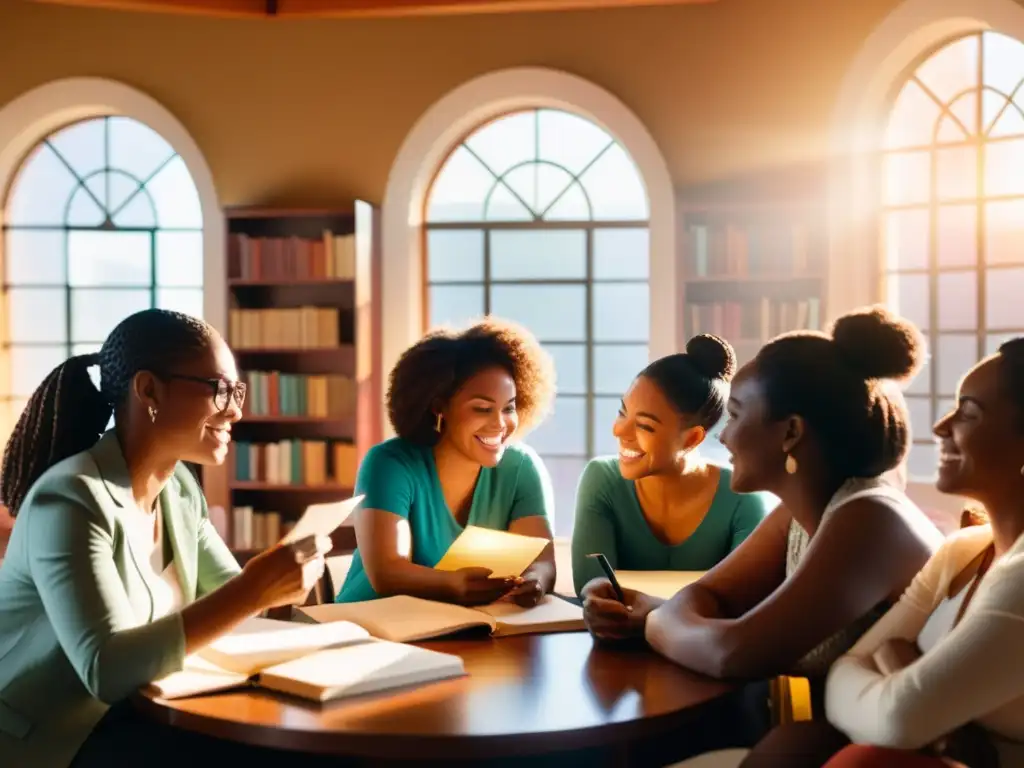 Mujeres diversas participan en crítica literaria, rodeadas de libros, en una animada discusión bajo la cálida luz del sol