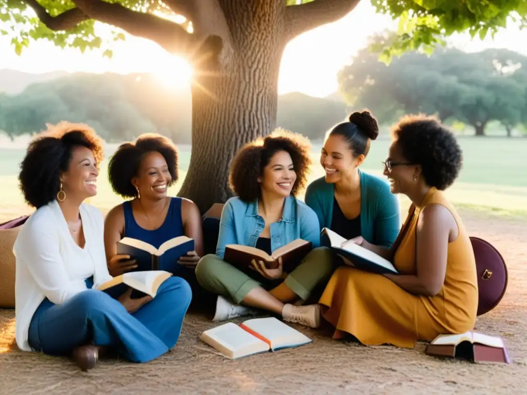 Mujeres poetas siglo XXI literatura: Grupo diverso de poetas disfrutando la tarde bajo un árbol, compartiendo poemas y risas en un ambiente de camaradería y creatividad