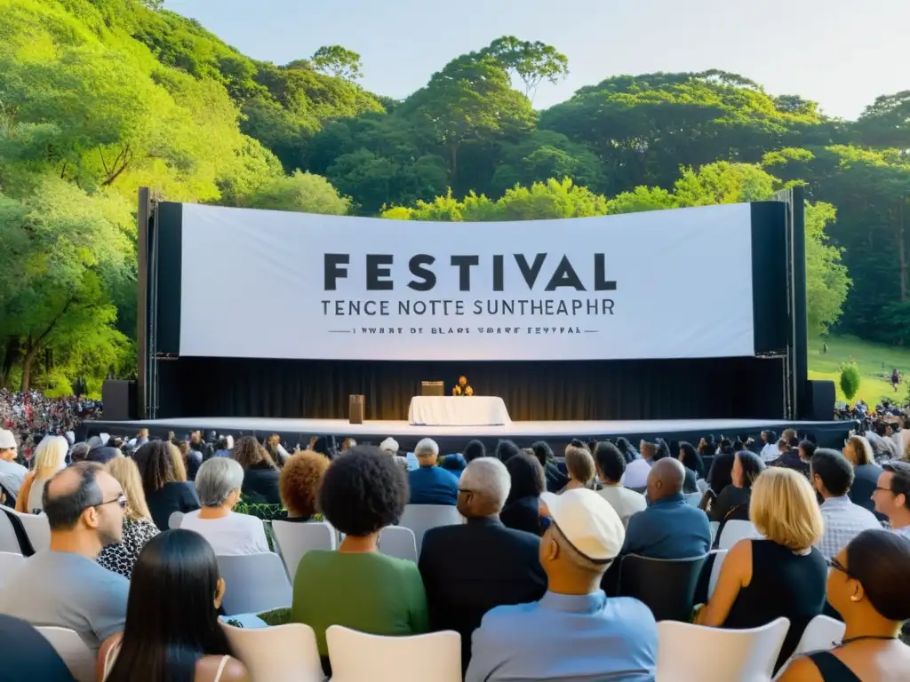 Multitud diversa en un anfiteatro al aire libre, atentos al Festival de Autores de Toronto en un escenario con podio y banner