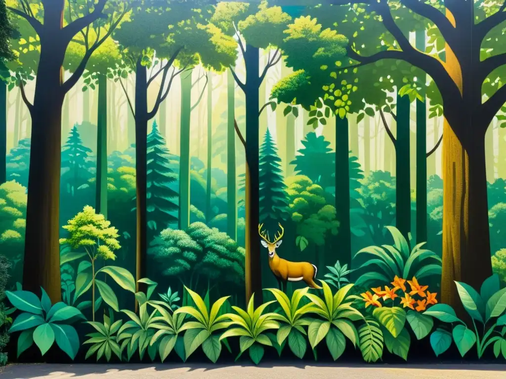 Un mural detallado de una exuberante selva con árboles altos y vida silvestre vibrante que evoca armonía y activismo ambiental poético