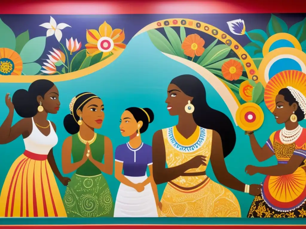 Un mural intrincado y pintado a mano que representa la fuerza y resiliencia de mujeres diversas en actividades diversas