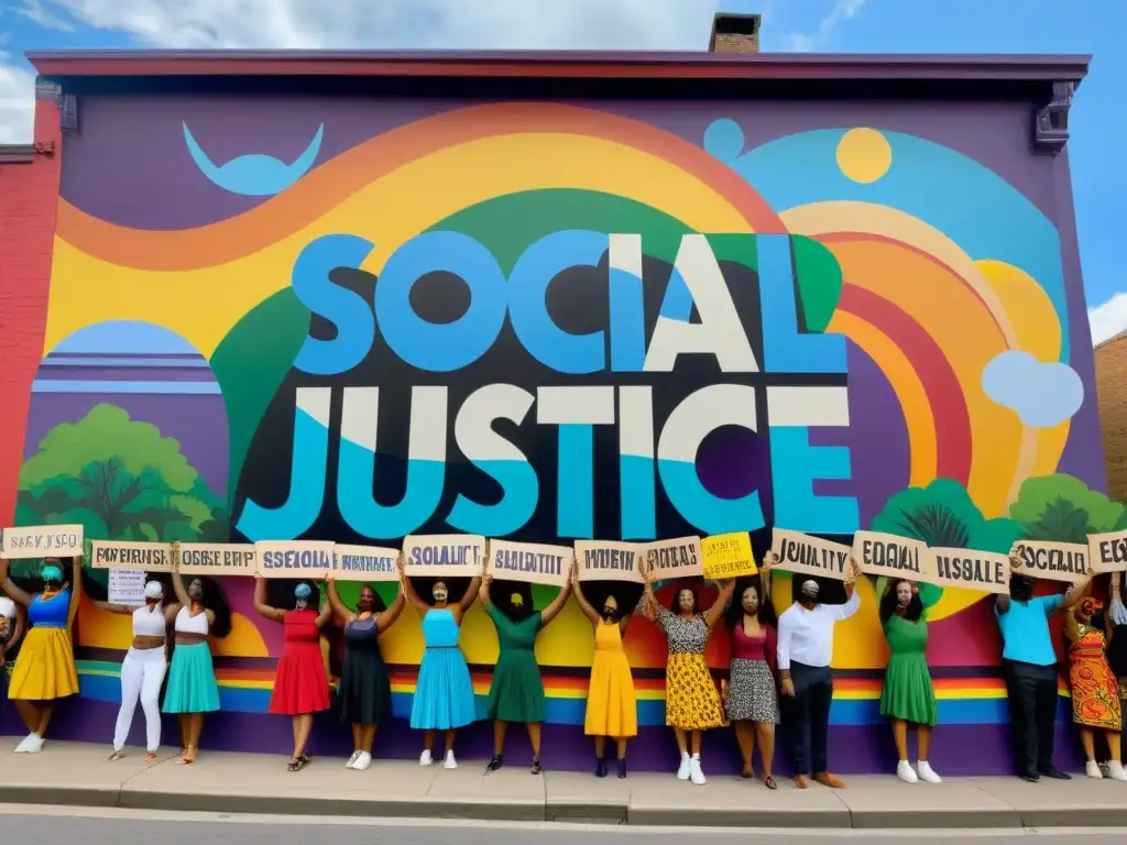 Un mural vibrante en la ciudad muestra a personas diversas unidas en protesta, con carteles poderosos