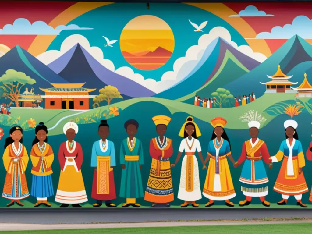 Un mural vibrante y expansivo celebra la diversidad cultural y la unión, con figuras emotivas y detalladas