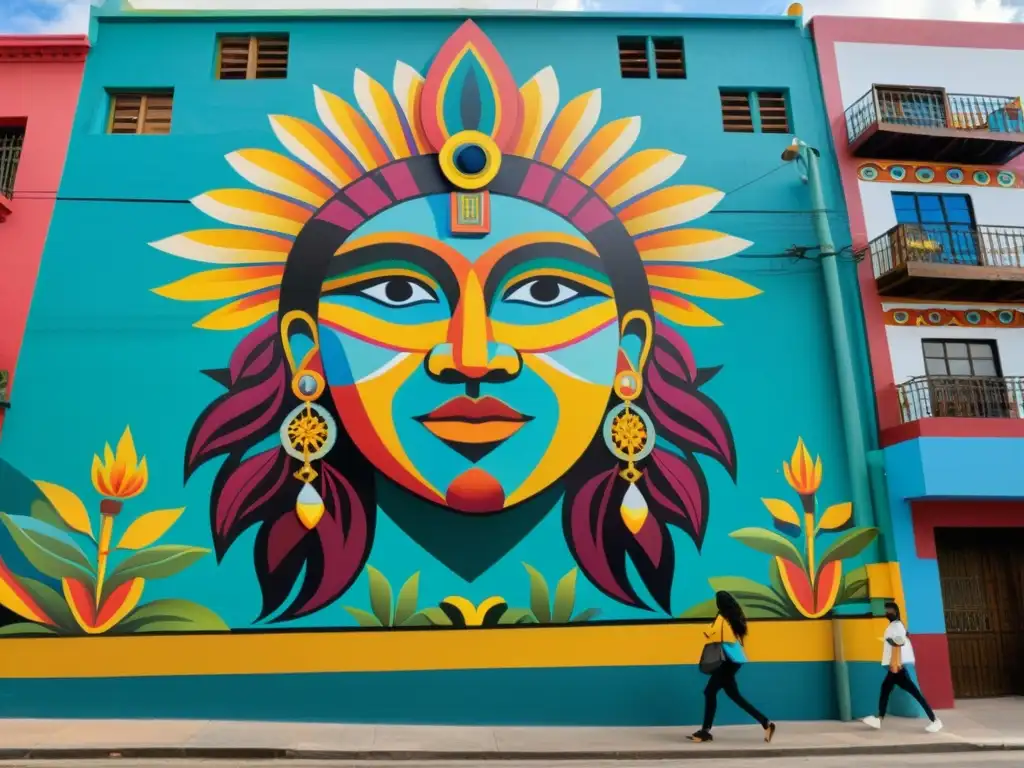 Un mural vibrante que representa la identidad nacional y la poesía latinoamericana del siglo XX en una ciudad bulliciosa