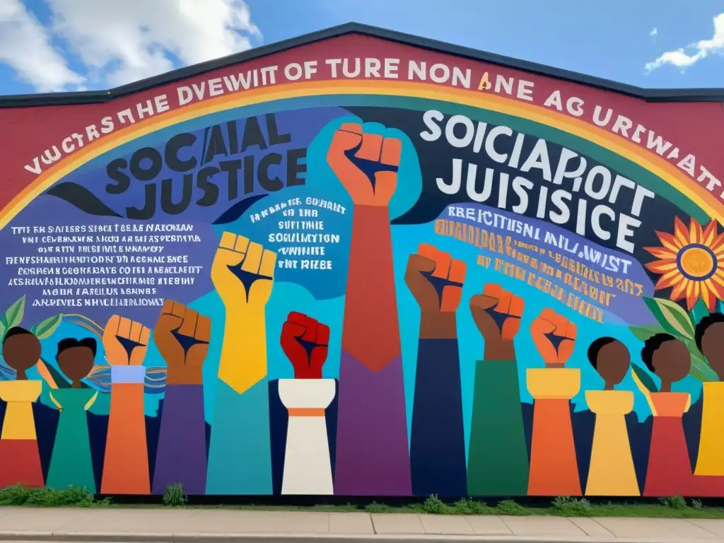 Un mural vibrante retrata a poetas diversos unidos en la lucha por la justicia social, rodeados de palabras poderosas en varios idiomas