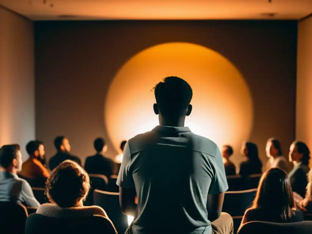 Un narrador cautivando con técnicas de narración en storytelling internacionales en una íntima y envolvente atmósfera