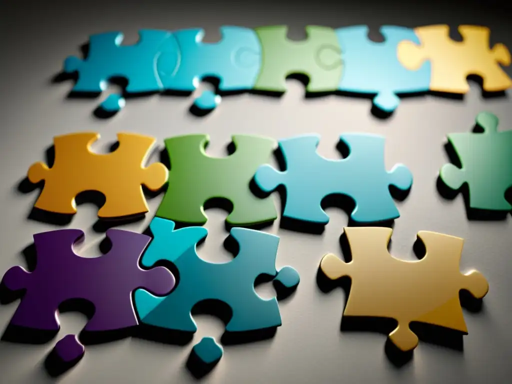 Puzzle intrincado: fragmentación y coloridos detalles Narrativa fragmentada en la insoportable levedad del ser, en una imagen de rompecabezas disperso sobre fondo minimalista