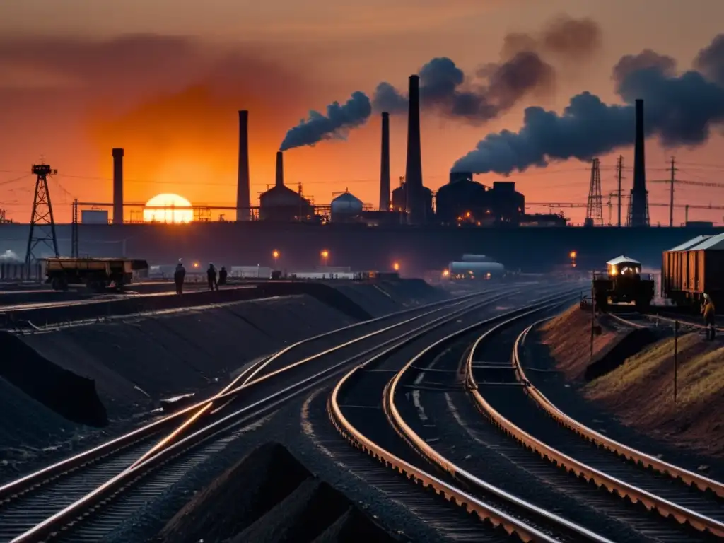 Narrativa industrial literaria: Imagen de paisaje industrial sombrío con minas de carbón, chimeneas humeantes y trabajadores decididos