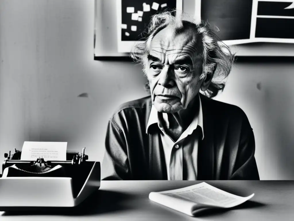 Nicanor Parra desafía cánones literarios en ilustración minimalista en blanco y negro, rodeado de caos creativo