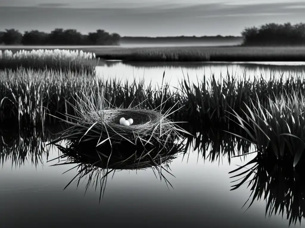 Un nido solitario en un paisaje de marisma en blanco y negro, transmite tranquilidad y misterio, capturando la esencia de 'Dónde cantan las langostas'