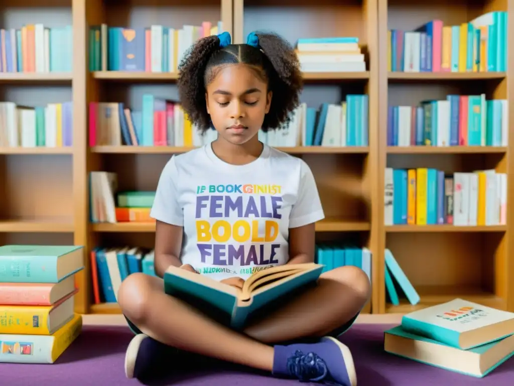 Niña empoderada leyendo libros con protagonistas femeninas