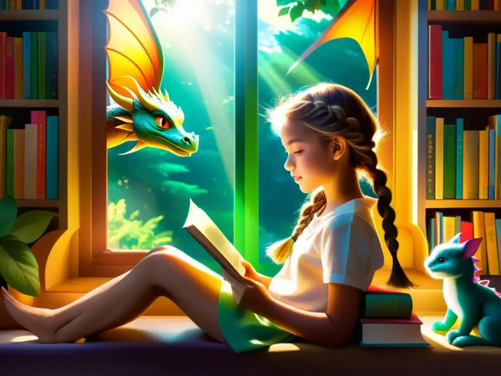 Una niña lee un libro con una portada de dragón en una ventana soleada, conectando con audiencias jóvenes literatura