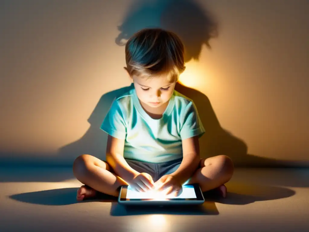 Un niño absorto en una app de libro digital, rodeado de una cálida luz