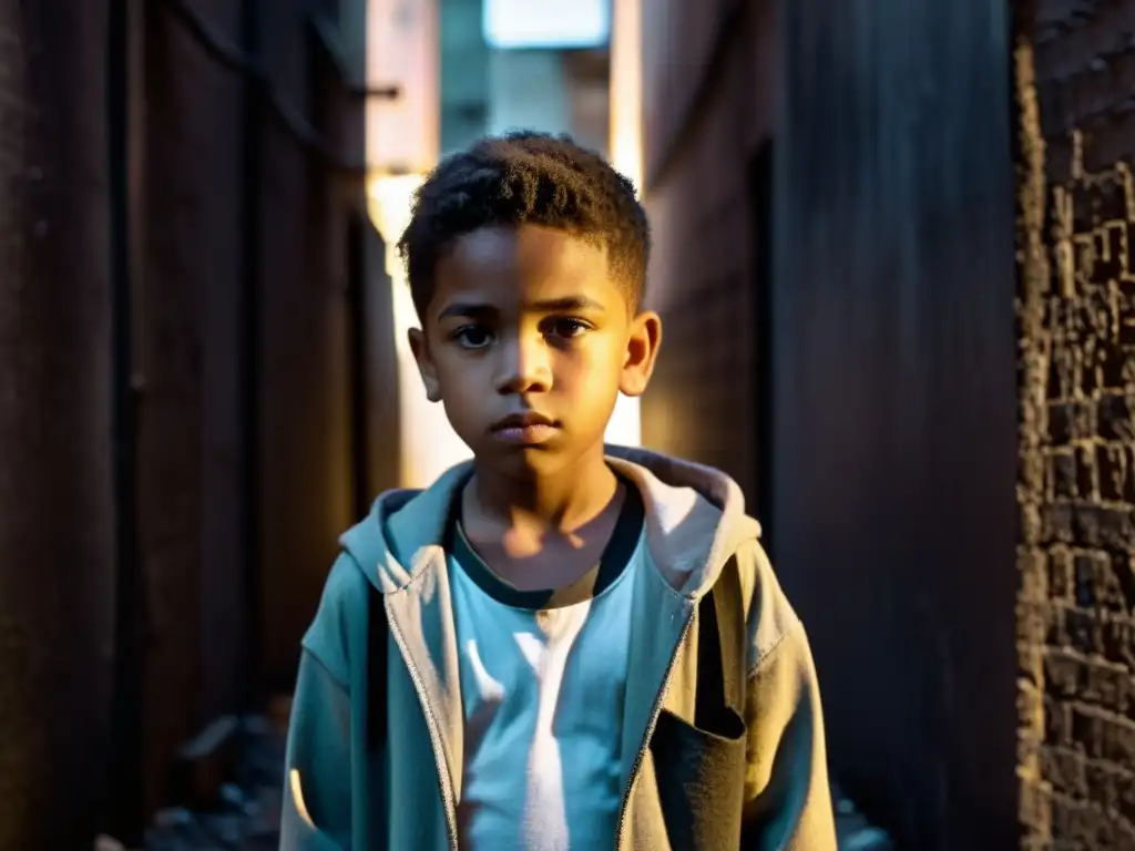 Niño en callejón urbano, iluminado por un rayo de luz, evocando la crítica social en Oliver Twist