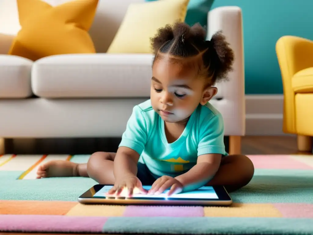 Niño concentrado en una app de lectura mientras está sentado en una acogedora sala de estar