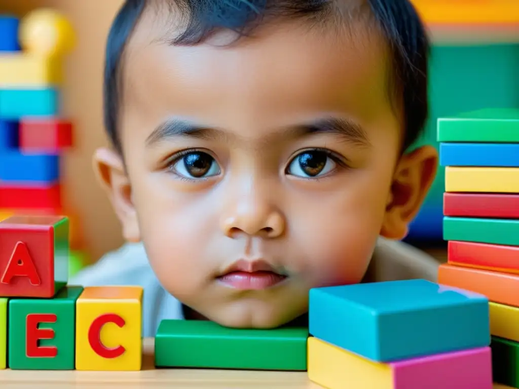 Un niño concentrado rodeado de bloques, letras y libros