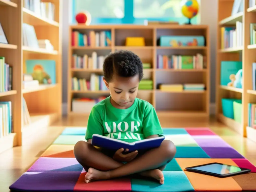 Un niño fascinado lee un libro digital en una tablet, fomentando la lectura digital infantil