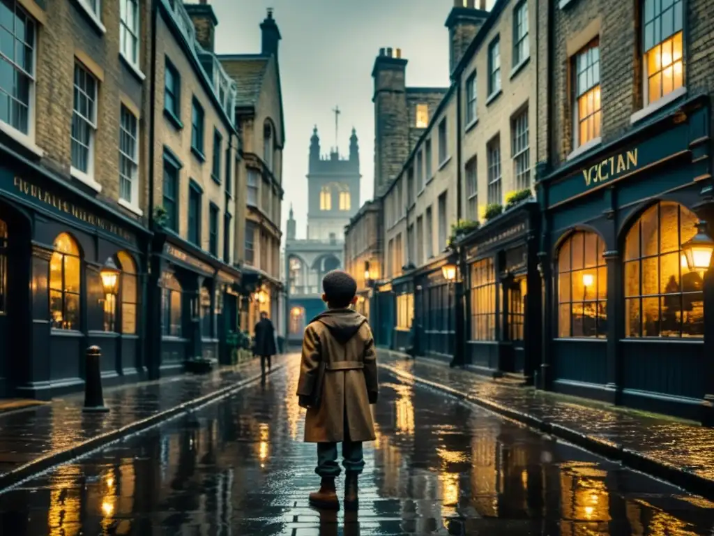 Un niño huérfano en la desolación de Londres victoriana, reflejando la crítica social en Oliver Twist