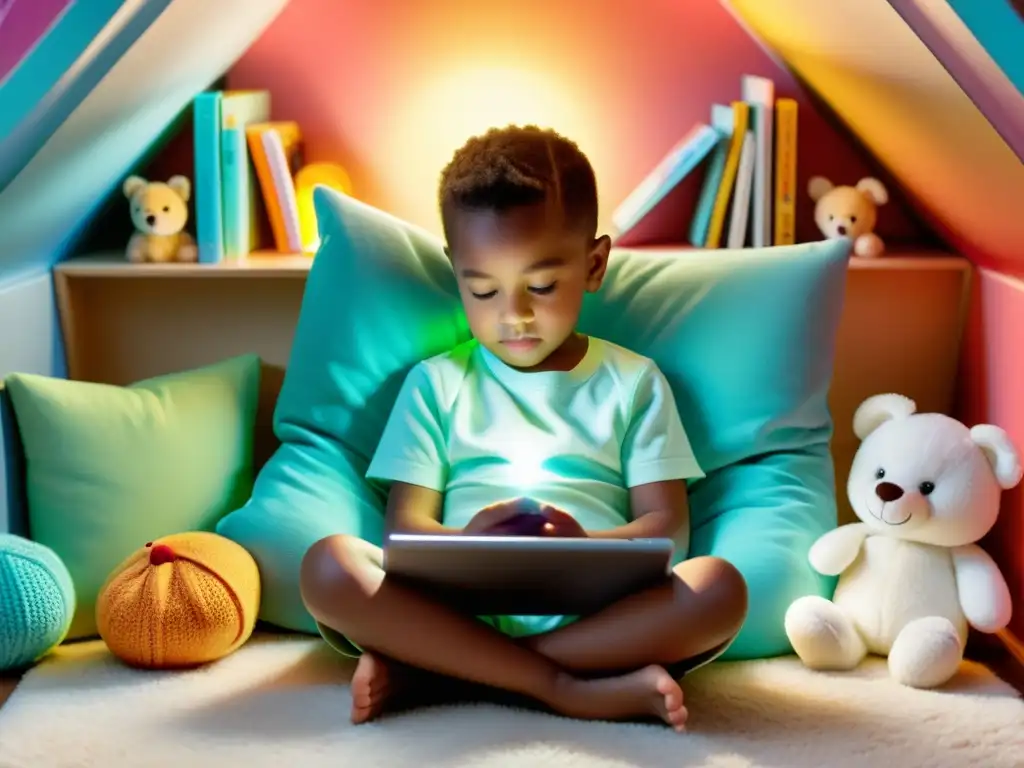 Niño inmerso en apps de lectura para niños en un rincón acogedor rodeado de libros educativos coloridos