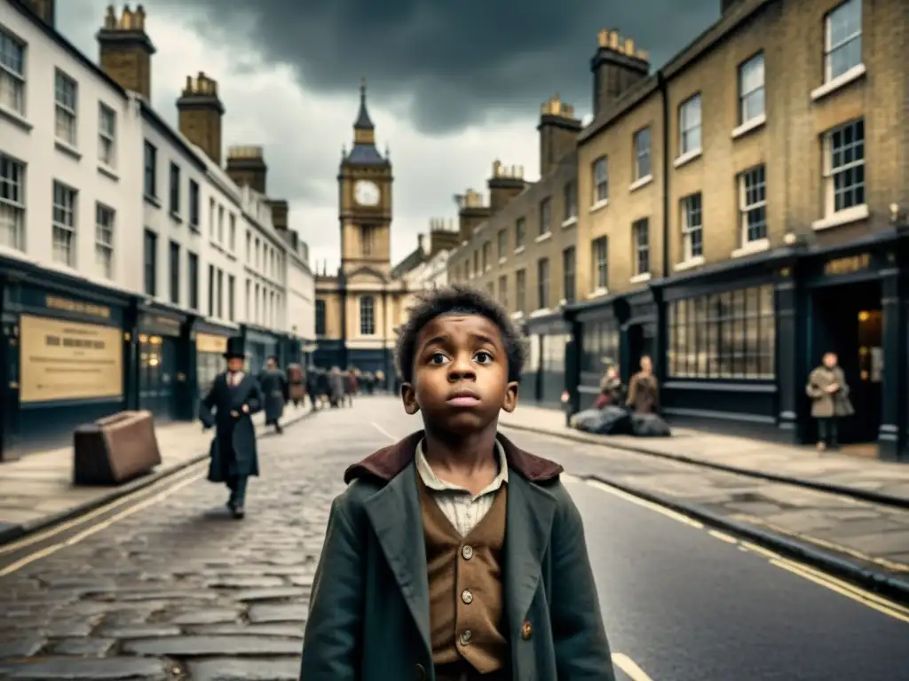 Un niño pobre en una lúgubre calle del siglo XIX de Londres, reflejando la crítica social en Oliver Twist con su expresión de resignación y desafío