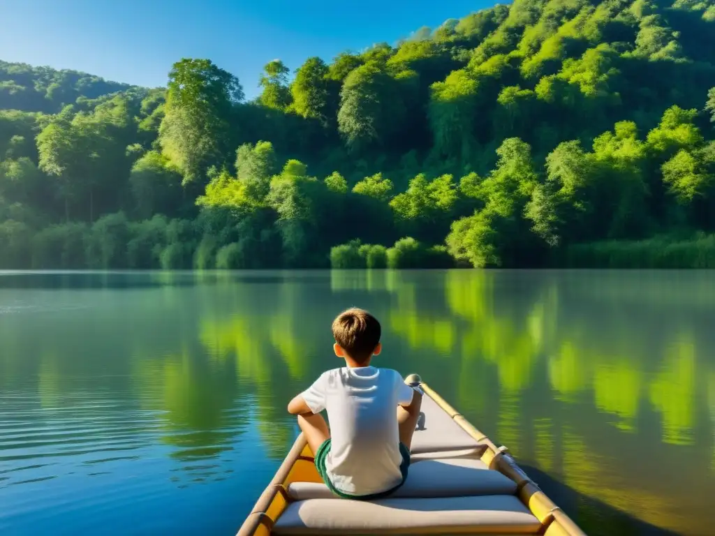 Un niño reflexivo en una balsa en el río, rodeado de naturaleza, evocando el bildungsroman en literatura con su espíritu aventurero y libre