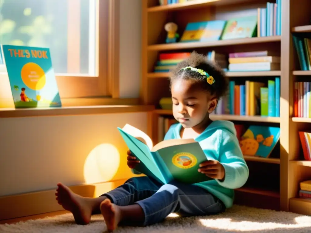 Un niño lee en un rincón acogedor, rodeado de libros ilustrados