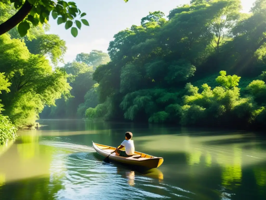 Un niño navegando en balsa por un río entre árboles verdes