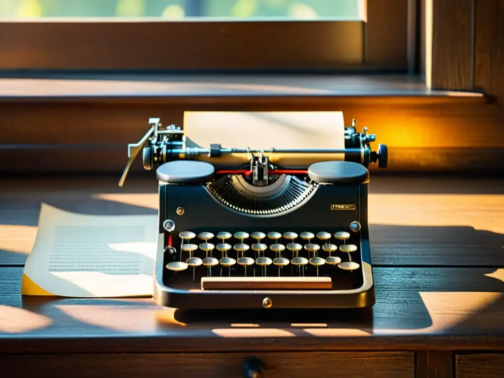 Una nostálgica escena de una antigua máquina de escribir en un escritorio de madera, iluminada por la cálida luz de la tarde