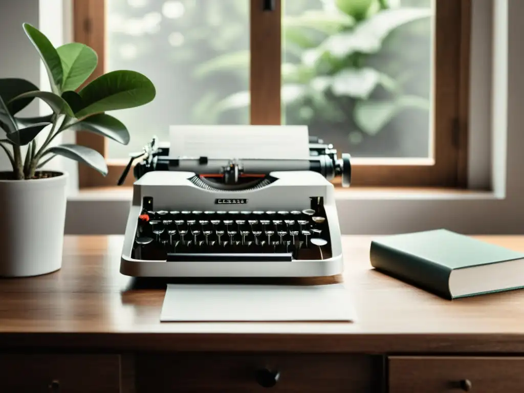 Una nostálgica escena con una antigua máquina de escribir, gafas y una planta, ideal para narrar biografías y memorias fascinantes