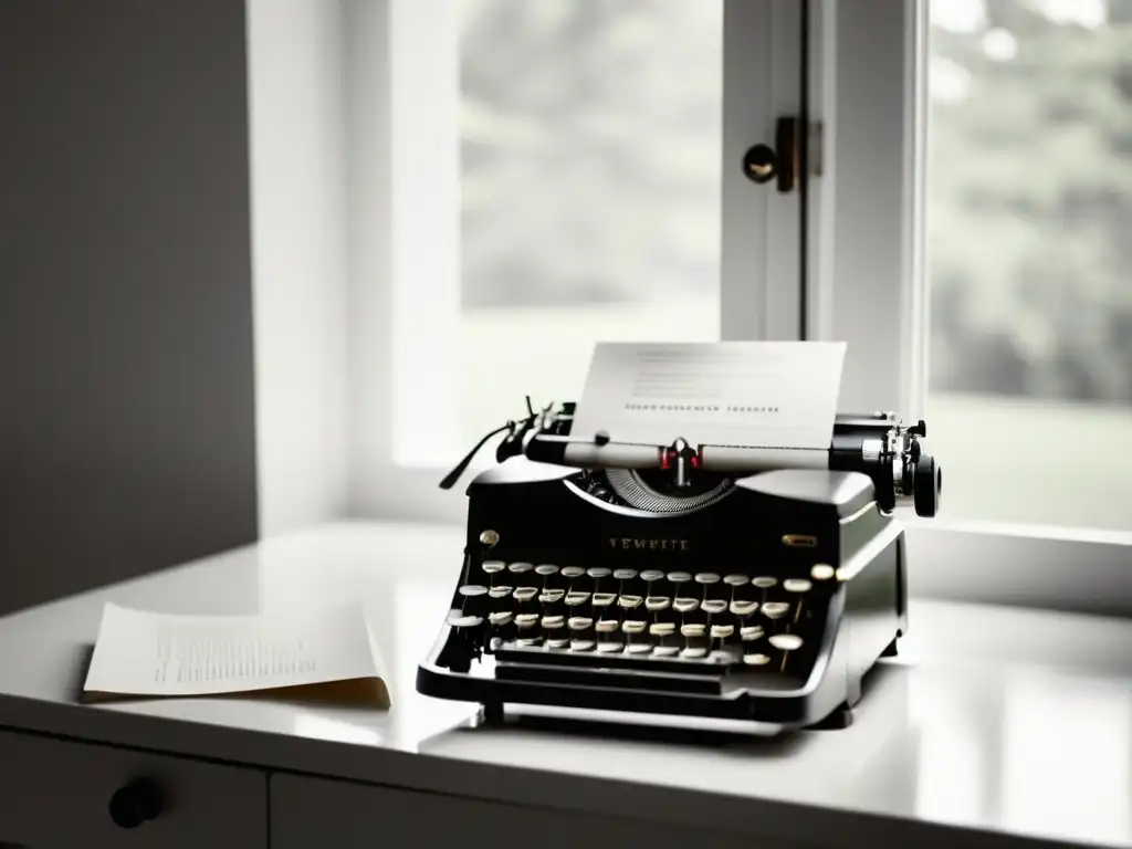 Una nostálgica escena en blanco y negro de una antigua máquina de escribir en un escritorio blanco