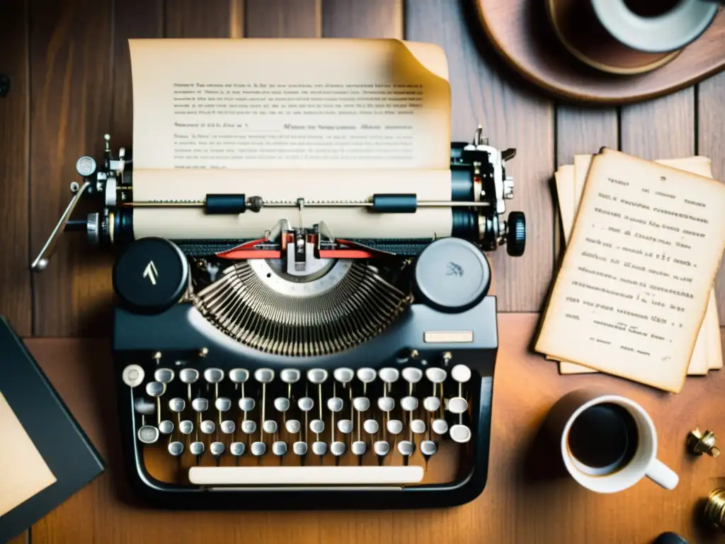 Una nostálgica escena de escritura con una máquina de escribir vintage, tazas de café y notas manuscritas