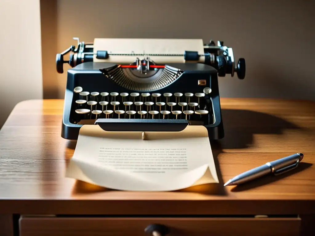 Una nostálgica escena con una máquina de escribir vintage, papel y pluma en un escritorio de madera