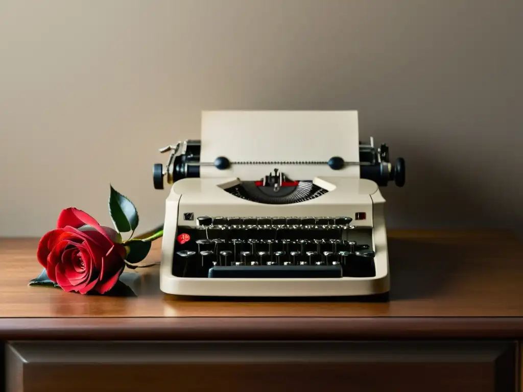 Una nostálgica imagen de una máquina de escribir vintage en un escritorio de madera con una rosa roja al lado