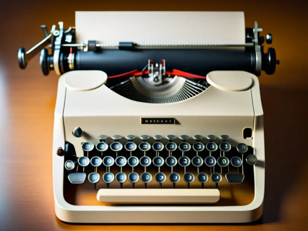 Una nostálgica imagen de una máquina de escribir vintage con una hoja en blanco, iluminada por una suave luz cálida