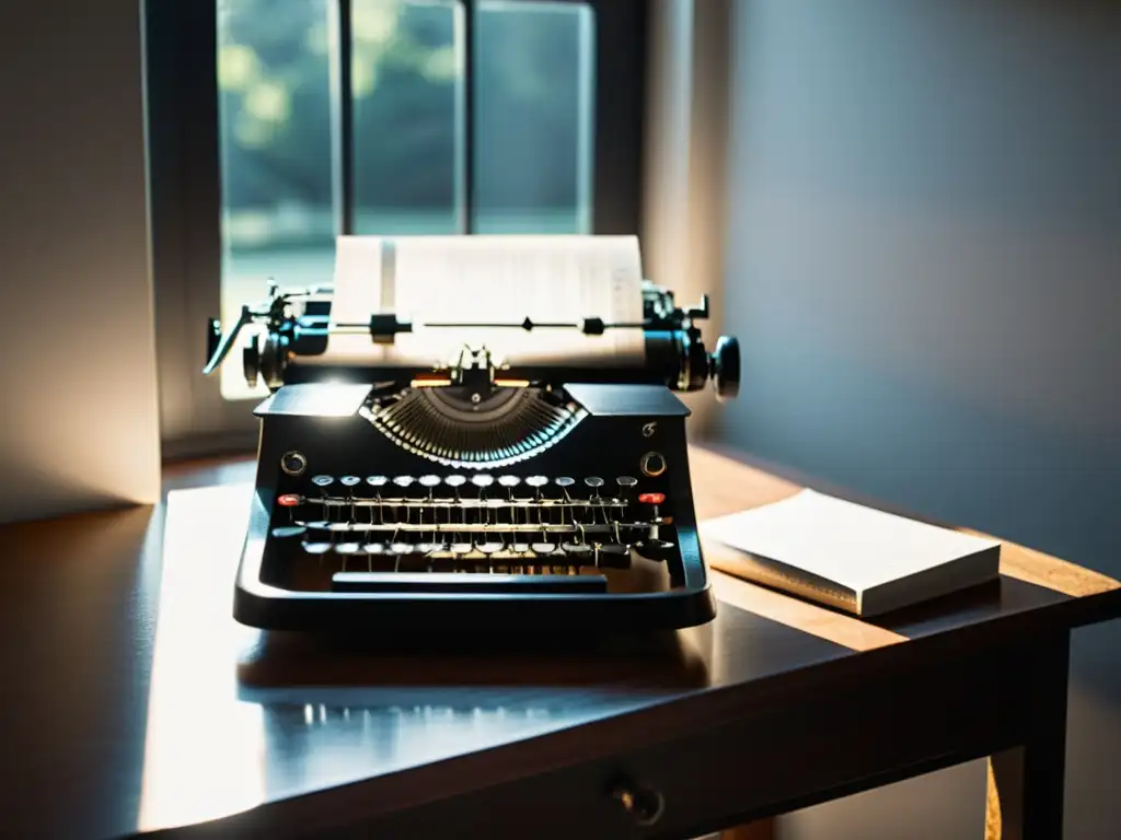 Una nostálgica máquina de escribir sobre un escritorio moderno, iluminada por un rayo de sol