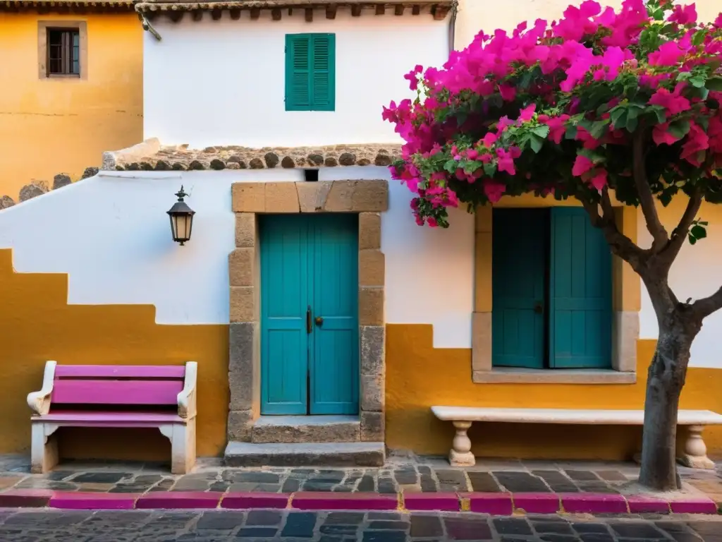 Un rincón nostálgico de España: calles empedradas, edificios antiguos, bougainvillea en flor y una figura solitaria