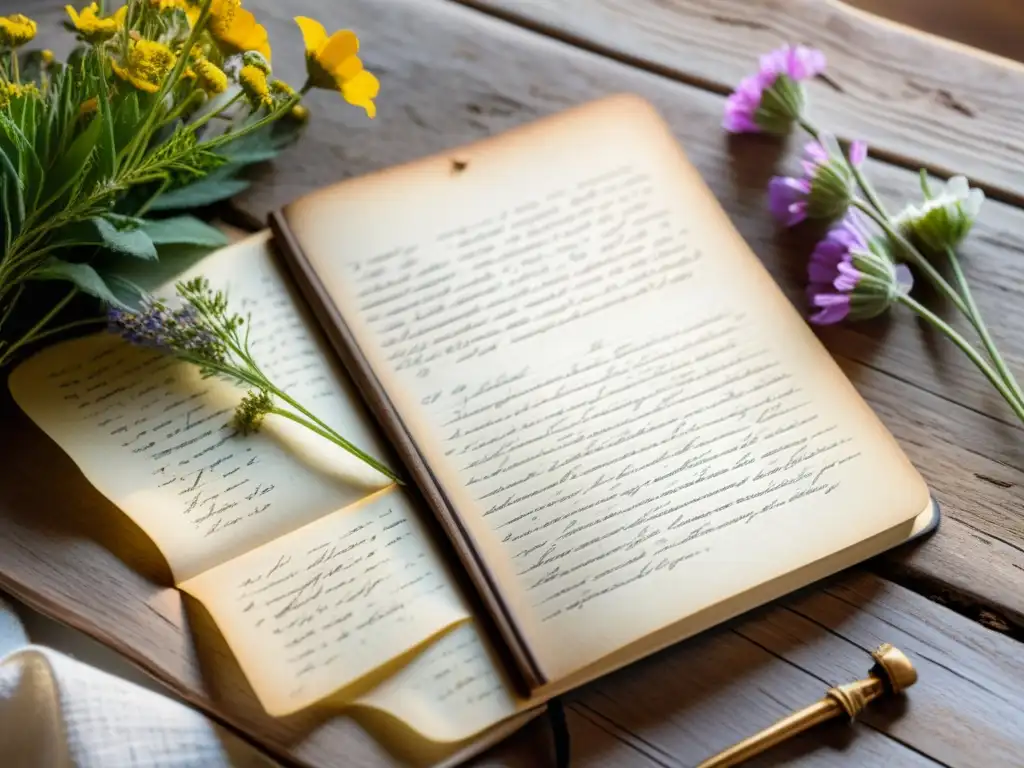 Notebook antiguo con poesía escrita a mano, rodeado de flores silvestres y luz cálida